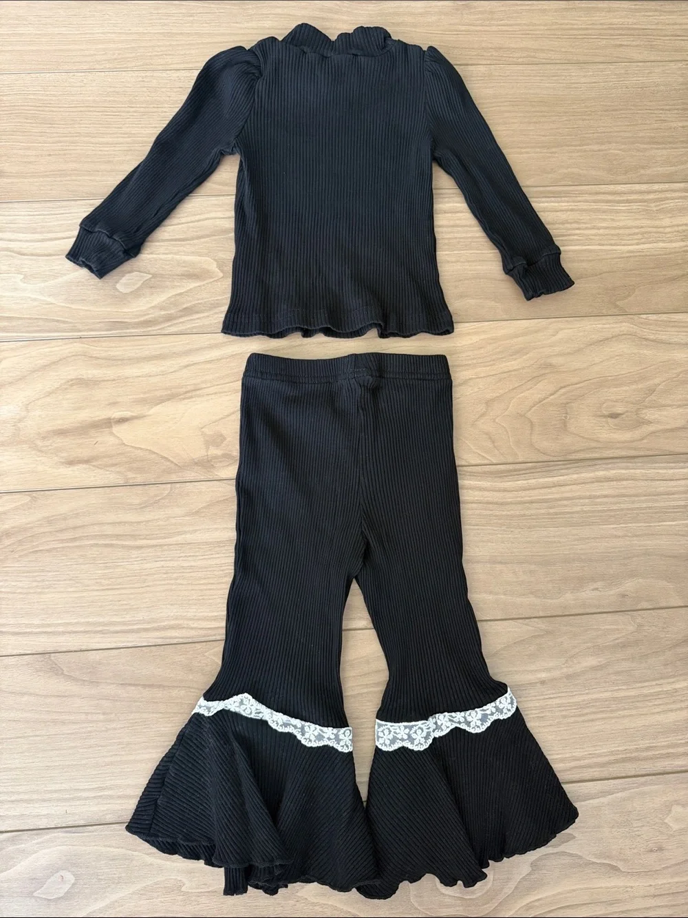 Kids Black Ribbed Top and Lace-Trim Flare Pants Set
